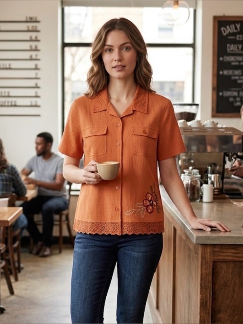 KORET Embroidered Button Down Blouse, Women’s 10P, Orange